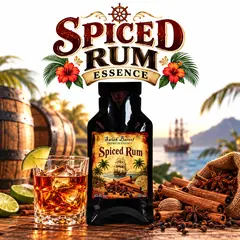 Spiced Rum Essence packet with a glass of amber rum, cinnamon, star anise, tropical flowers, oak barrels and a Caribbean sailing ship backdrop.
