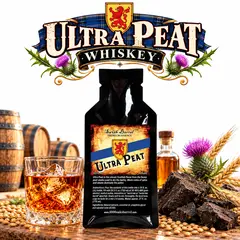 Ultra Peat Scotch-style whiskey essence packet displayed with a glass of amber whiskey, barley, peat, and oak barrels on a clean white background.