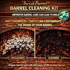 Comparison of uncleaned vs cleaned oak barrel interior showing brettanomyces contamination and mold buildup versus properly cleaned charred barrel surface