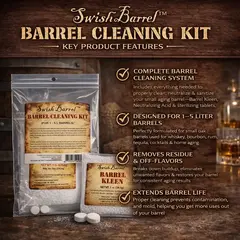 Swish Barrel Cleaning Kit key features showing complete oak barrel cleaning system for 1 to 5 liter barrels, removes residue and off flavors and extends barrel life