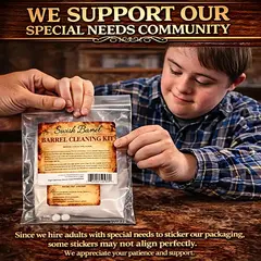 Swish Barrel Cleaning Kit packaging being labeled by worker with special needs highlighting handcrafted packaging and brand support for the special needs community