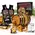 Caribbean rum aging barrel kit with oak barrel, amber rum essence packets, glass of rum, and Bootlegger’s Bible guide.