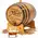 Personalized mini oak whiskey aging barrel made from American white oak with rye and wheat grains and whiskey pouring into glass