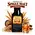 American Single Malt Whiskey Essence pouch by Swish Barrel with malted grain, oak barrel and wood, alongside a crystal glass of amber whiskey over ice.