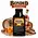 Bonded Whiskey Essence pouch by Swish Barrel with oak barrels, charred wood and wheat, alongside a crystal glass of amber whiskey over ice.