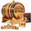 Personalized American white oak bourbon aging barrel with Phineas Farmer engraving, black steel hoops, wooden spigot, stand, whiskey glass, and Bootlegger's Bible booklet.
