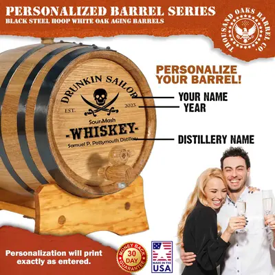Custom engraved Drunkin Sailor mini oak aging barrel personalized with name, year and distillery text for whiskey and bourbon aging.