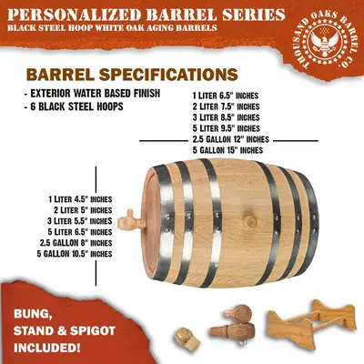 American white oak mini aging barrel dimensions and specifications including exterior finish, black steel hoops and included accessories.