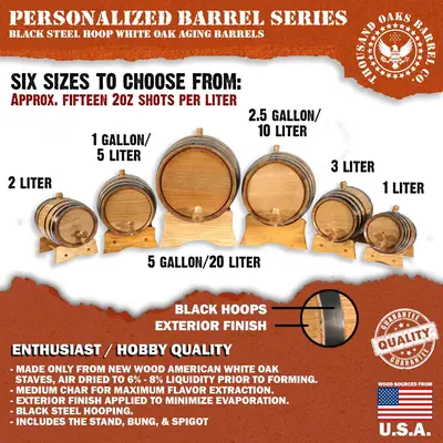 Drunkin Sailor personalized American white oak aging barrels available in multiple sizes from 1 liter to 5 gallons.