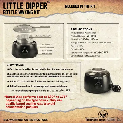 Little Dipper Bottle Waxing Kit specifications showing dimensions, temperature range, and wax warmer details.