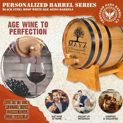 Small American white oak wine aging barrel showing wine being poured and highlighting 8x to 10x faster aging benefits.