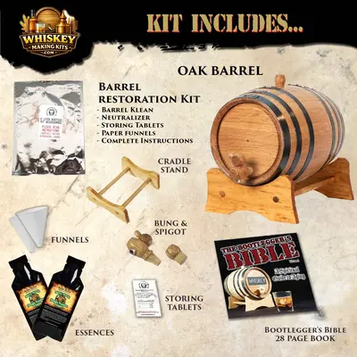 Small Batch Bourbon Whiskey Making Kit contents including American oak aging barrel, premium essence packets, restoration kit, funnels, bung, spigot, storage tablets, and Bootlegger’s Bible guide.