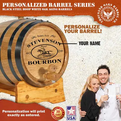 Stevenson Bourbon personalized design engraved on mini oak aging barrel for whiskey lovers