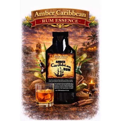 Amber Caribbean Rum Essence 20ml premium flavor concentrate with rum glass and sugarcane for making homemade Caribbean style rum.