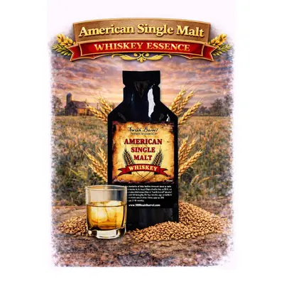 American Single Malt Whiskey Essence 20ml premium flavor concentrate with malted barley and glass of single malt style whiskey.