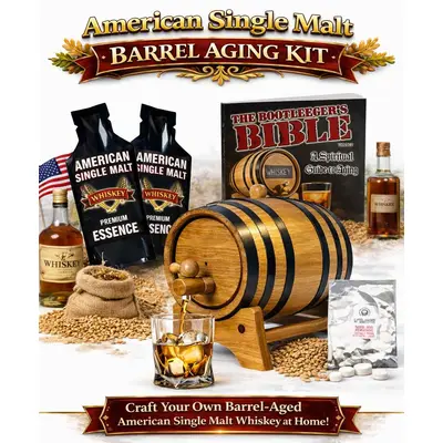 American Single Malt Whiskey Making Kit with oak barrel, premium essence packets, glass of whiskey, barley grains and complete home aging accessories.