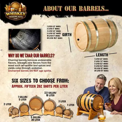 American white oak charred whiskey aging barrels in multiple sizes from 1 to 20 liters for home whiskey making and spirit aging.