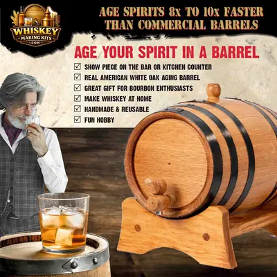 American white oak whiskey aging barrel kit designed to age spirits up to 8x faster for home bourbon and cocktail enthusiasts.