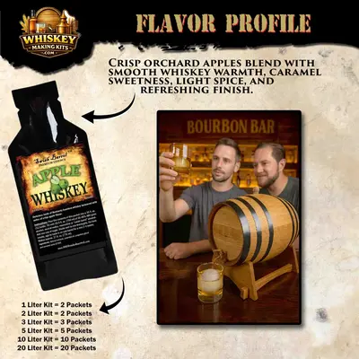 Apple Whiskey flavor profile graphic showing premium essence pouch, small oak aging barrel, glass of whiskey on ice, and text highlighting crisp orchard apples, caramel sweetness, light spice, and smooth finish.