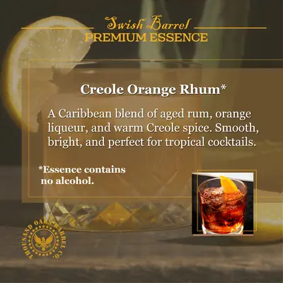 Creole Orange Rhum Essence alcohol-free concentrate inspired by Caribbean aged rum, orange peel and Creole spice.