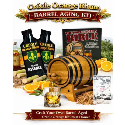 Creole Orange Rum aging barrel kit with oak barrel, rum essence packets, and Bootlegger’s Bible guide.