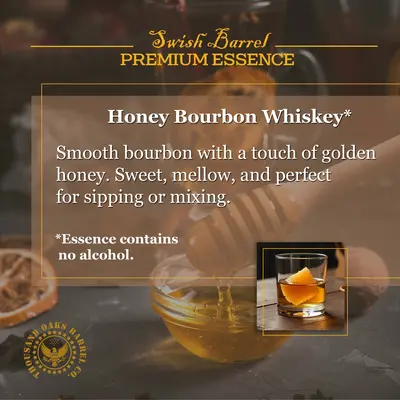 Alcohol-free Honey Bourbon Whiskey Essence concentrate with smooth golden honey notes, ideal for sipping or mixing cocktails.