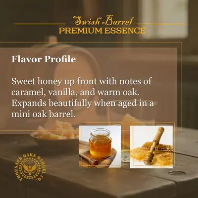 Honey Bourbon Whiskey flavor profile featuring sweet honey, caramel, vanilla, and warm oak notes with smooth amber finish.