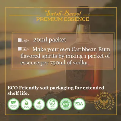 Instructions for mixing Amber Caribbean Rum Essence with 750ml vodka or neutral alcohol to create homemade rum flavored spirits.