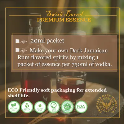 Instructions for making Dark Jamaican Rum at home by mixing 20ml essence with 750ml vodka to create bold Caribbean-style rum flavor.