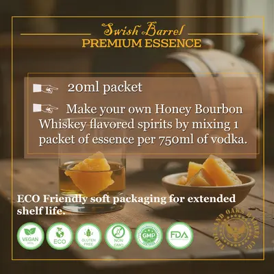 Instructions for making Honey Bourbon Whiskey at home by mixing one 20ml essence packet with 750ml vodka for smooth honey-infused bourbon flavor.