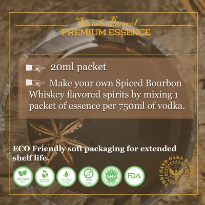 Instructions for mixing Spiced Bourbon Essence with 750ml vodka to create homemade cinnamon spiced bourbon whiskey.