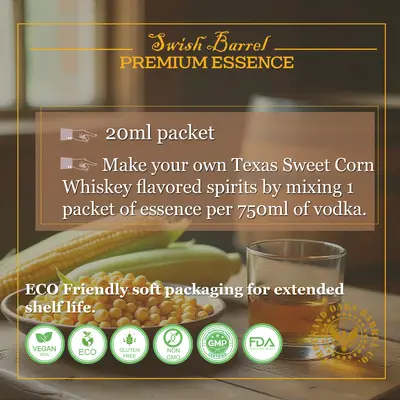 Instructions for mixing Texas Sweet Corn Whiskey Essence with 750ml vodka to create homemade corn whiskey.