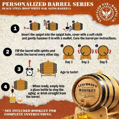 Step by step instructions for curing and using a small oak whiskey aging barrel