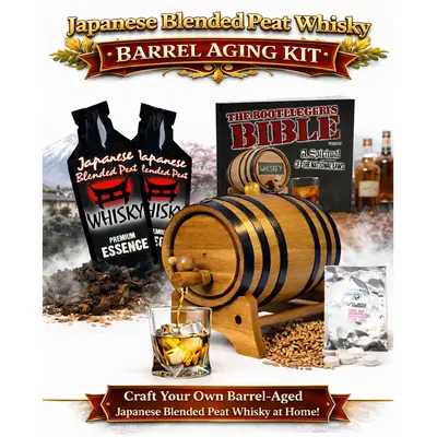 Japanese Blended Peat Whisky Making Kit with oak aging barrel, peated whisky essence pouches, Bootlegger’s Bible guide, and home whiskey barrel aging accessories displayed with Mount Fuji background.