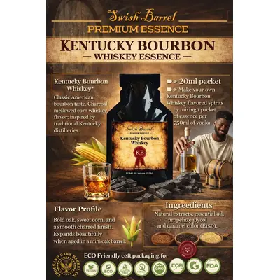 Premium Kentucky Bourbon Whiskey Essence 20ml packet for making homemade bourbon flavored spirits with oak barrel aging and charcoal mellowed flavor.