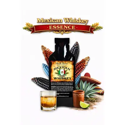 Mexican Corn Whiskey Essence 20ml premium flavor concentrate with glass of golden corn whiskey and heirloom blue, black, and yellow corn.
