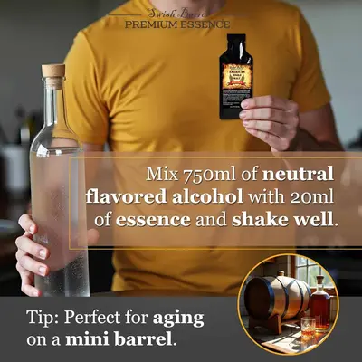 Mixing 20ml Kentucky Bourbon Essence with 750ml vodka or neutral grain spirit to create homemade bourbon style whiskey.