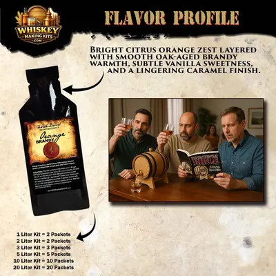 Orange brandy flavor profile showing bright citrus zest, oak-aged brandy warmth, vanilla sweetness and caramel finish with essence bottle and barrel aging kit.