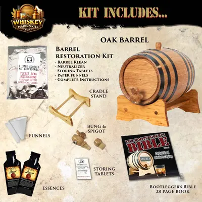 Orange Brandy Making Kit includes oak aging barrel, cradle stand, bung and spigot, funnels, barrel restoration kit and citrus brandy essence packets.