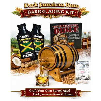 Premium Dark Jamaican rum DIY kit with oak barrel, rum essence packets, glass of rum on the rocks, and Caribbean-inspired ingredients.
