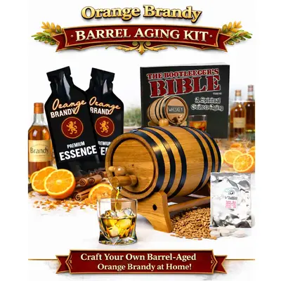 Premium Orange Brandy Kit with oak barrel aging system, citrus essence packets, glass of brandy on the rocks and fresh orange slices.