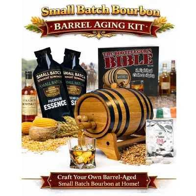 Small Batch Straight Bourbon Whiskey aging barrel kit with premium essence, glass of bourbon, corn and grain background, and Bootlegger’s Bible guide for home whiskey making.