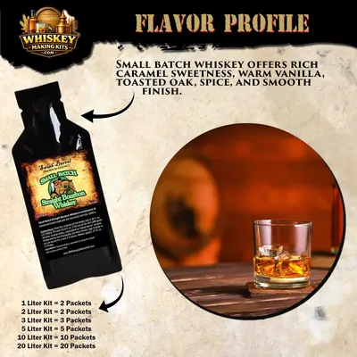 Small Batch Straight Bourbon Whiskey flavor profile with premium essence packet and glass of oak-aged bourbon showing caramel, vanilla, toasted oak, and spice notes.
