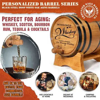 Small American white oak barrel for aging bourbon, scotch, rum, tequila and barrel aged cocktails at home