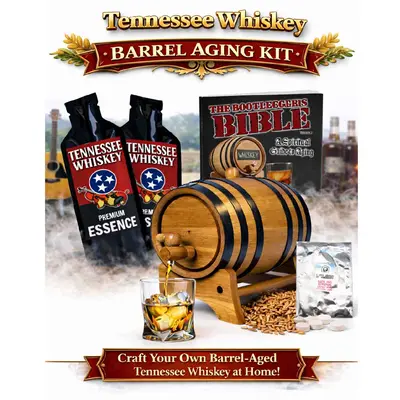 Tennessee Whiskey Making Kit with oak aging barrel, premium Tennessee whiskey essence, glass of charcoal mellowed whiskey, and complete DIY whiskey barrel set.
