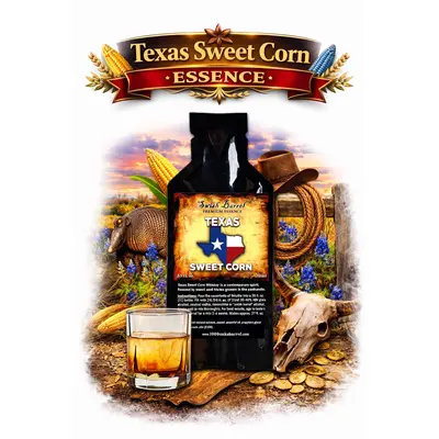 Texas Sweet Corn Whiskey Essence 20ml bottle with glass of golden corn whiskey and Texas western background.