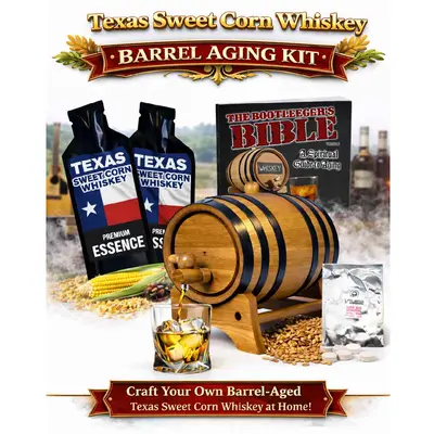 Texas Sweet Corn Whiskey making kit with oak aging barrel, premium essence packets, corn and grain ingredients, glass of whiskey, and complete home infusion system.