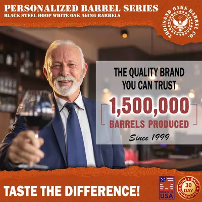 American made personalized vineyard oak aging barrel with quality craftsmanship details.