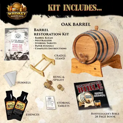 Winter Wheat Bourbon kit contents including oak barrel, cradle stand, bung and spigot, bourbon essence packets, restoration kit and aging guide book