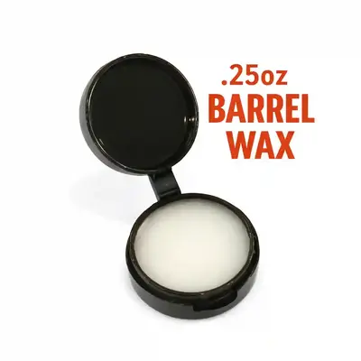 .25oz mini barrel wax tub on white background, food-safe oak aging barrel leak sealant for whiskey and bourbon barrel repair.